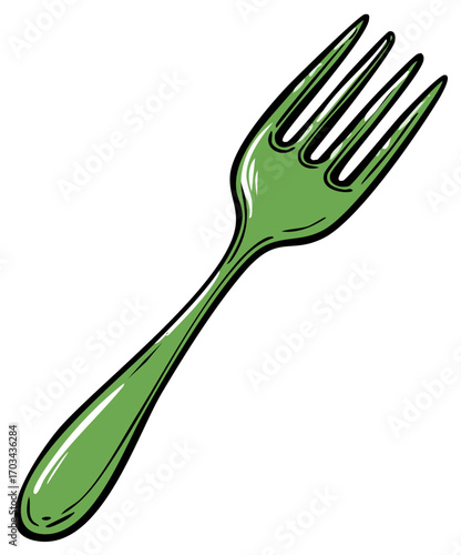 Green fork illustration, drawn with bold lines and glossy finish, isolated on white