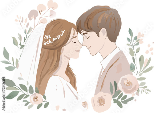 Watercolor illustration of a loving bride and groom embracing tenderly surrounded by floral elements