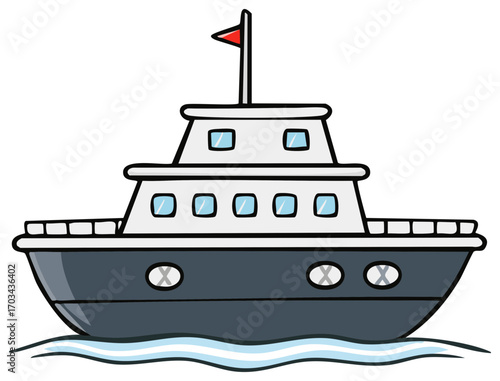 Cartoon boat sailing on the water illustration, maritime vessel with flag on top, sea transportation drawing