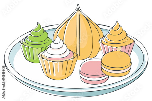Assorted Cupcakes and Macarons Dessert Display on Plate Illustration