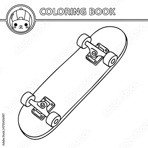 Black and white line art illustration of a skateboard for coloring book with detailed wheels and trucks design