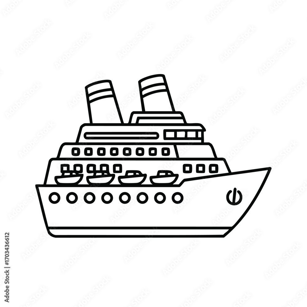 Fototapeta premium Black and white line drawing of a large passenger ship with multiple decks and two smokestacks in simple style