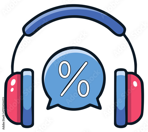 Headphones with a percentage sign inside a speech bubble, representing discounts or special offers