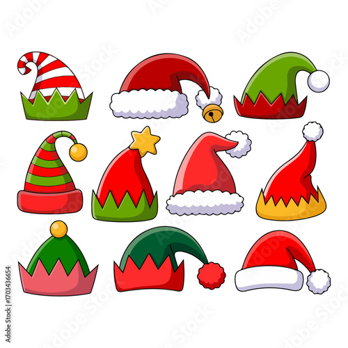 Christmas Hat Set Featuring Pom-Poms, Bells, Stars, and Stripes