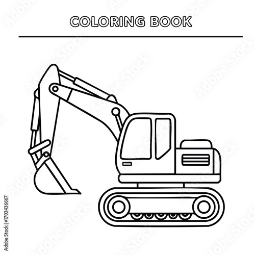 Black and white line art illustration of a tracked excavator with a bucket arm for coloring book activity page