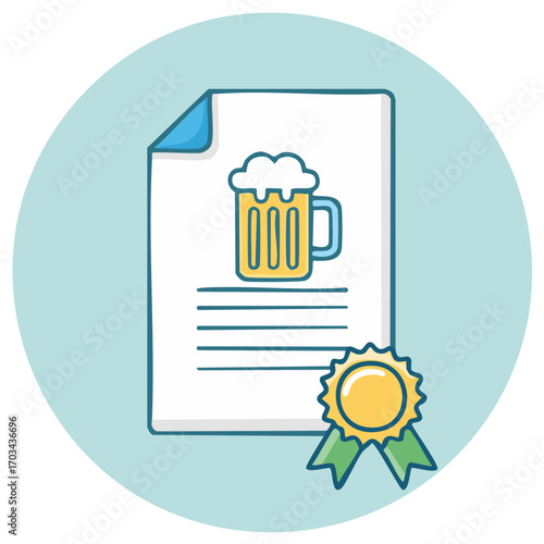 Certified beer quality illustration with golden award and document for brewery business promotion