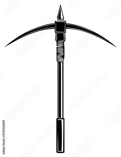 Stylized Black and White Illustration of a Medieval War Pickaxe with a Pointed Spike and Curved Blade