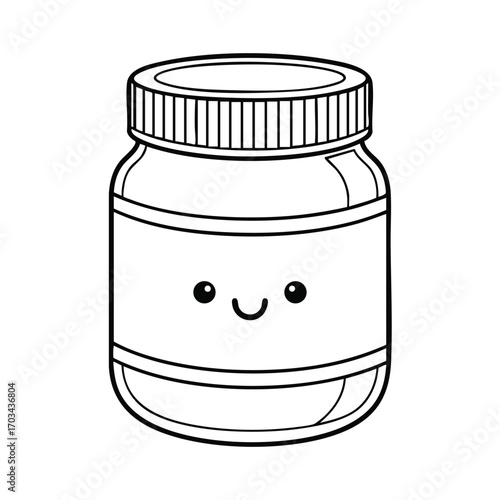 Cute smiling jar with a blank label and a screw-on lid in a simple black and white line art style