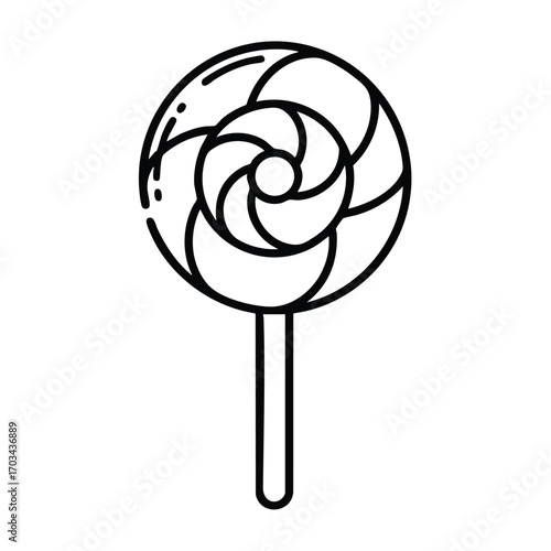 Black and white line art illustration of a round swirled lollipop candy on a stick with a simple clean design
