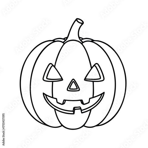 Black and white line drawing of a carved pumpkin with triangular eyes and a jagged smiling mouth for Halloween decoration