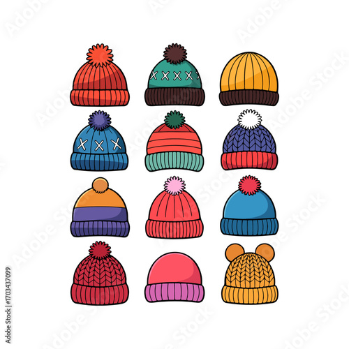 Winter Hats with Pom-Poms, Patterns, and Festive Colors