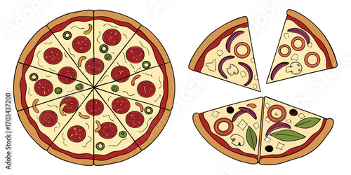 A realistic top-down view of a variety of whole pizzas displayed in a clean, evenly spaced layout on a white background. Each pizza features different toppings such as pepperoni, mushrooms, olives, on