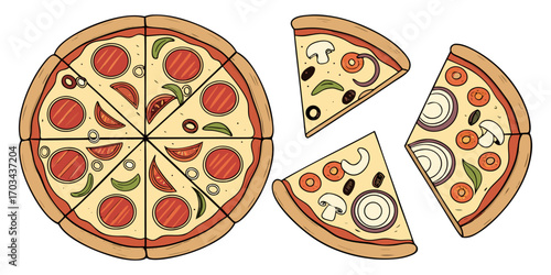 A realistic top-down view of a variety of whole pizzas displayed in a clean, evenly spaced layout on a white background. Each pizza features different toppings such as pepperoni, mushrooms, olives, on