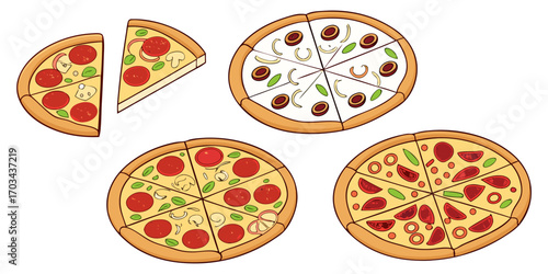 A realistic top-down view of a variety of whole pizzas displayed in a clean, evenly spaced layout on a white background. Each pizza features different toppings such as pepperoni, mushrooms, olives, on