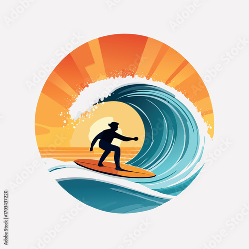 Silhouette of a surfer riding a large wave against a sunset backdrop.