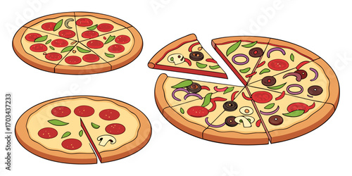 A realistic top-down view of a variety of whole pizzas displayed in a clean, evenly spaced layout on a white background. Each pizza features different toppings such as pepperoni, mushrooms, olives, on