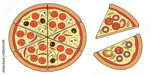 A realistic top-down view of a variety of whole pizzas displayed in a clean, evenly spaced layout on a white background. Each pizza features different toppings such as pepperoni, mushrooms, olives, on
