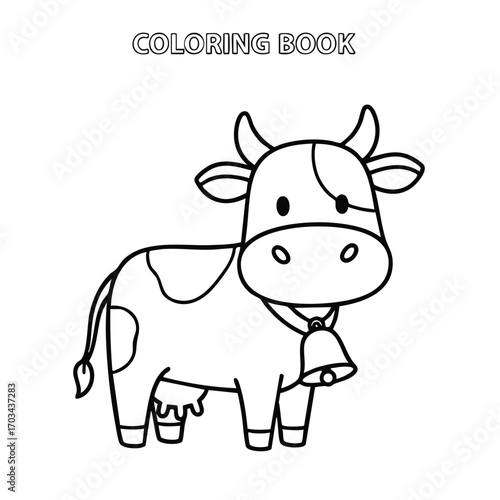 Cute cartoon cow with bell around neck in simple black and white line art style for coloring book pages