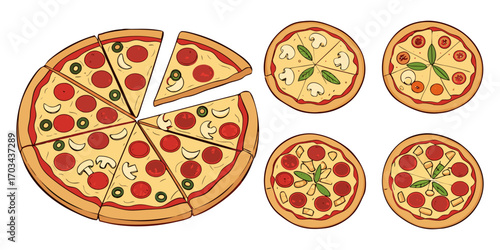 A realistic top-down view of a variety of whole pizzas displayed in a clean, evenly spaced layout on a white background. Each pizza features different toppings such as pepperoni, mushrooms, olives, on