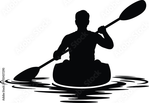 Black silhouette of person paddling kayak on water