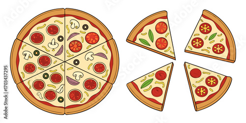 A realistic top-down view of a variety of whole pizzas displayed in a clean, evenly spaced layout on a white background. Each pizza features different toppings such as pepperoni, mushrooms, olives, on