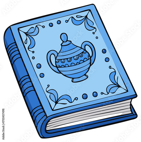 Blue hardcover book illustration with decorative pitcher motif design