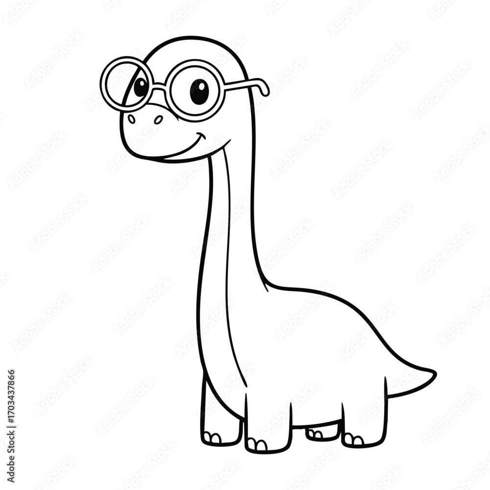 Obraz premium Cute cartoon dinosaur character wearing round glasses with a smiling face in a simple black and white line art style