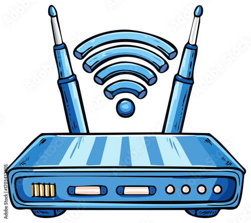 Blue Cartoon Wireless Router with Antennas Emitting Wi-Fi Signal in Hand Drawn Style Technology and Connectivity Illustration