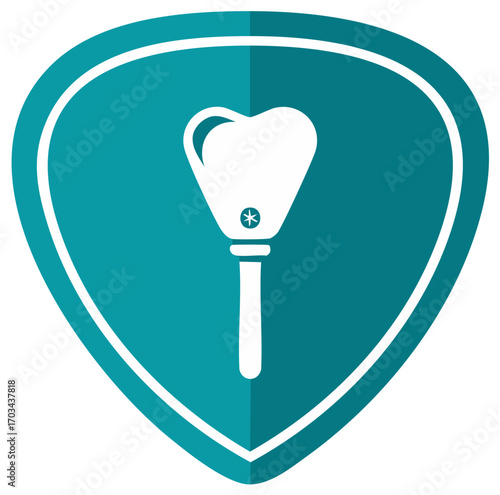 White stylized tooth symbol with a handle inside a teal shield shape with white outline