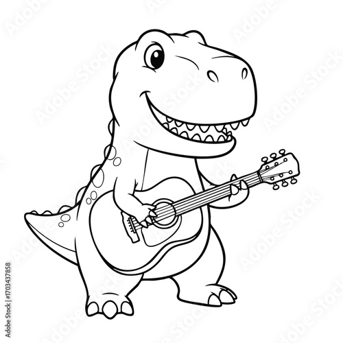 A cheerful cartoon dinosaur playing an acoustic guitar with a big smile in a fun and playful style illustration