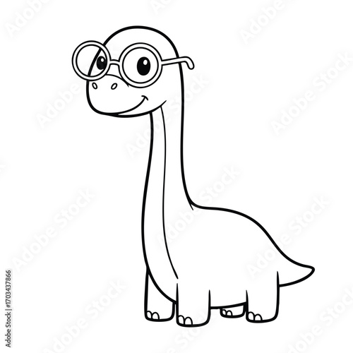 Cute cartoon dinosaur character wearing round glasses with a smiling face in a simple black and white line art style