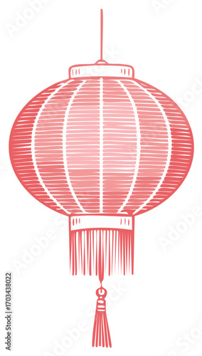 Hand drawn red Chinese paper lantern with tassel decoration for festival celebration