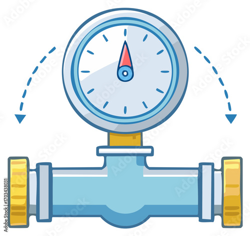 Cartoon water pressure gauge manometer on a pipe measuring system flow and pressure