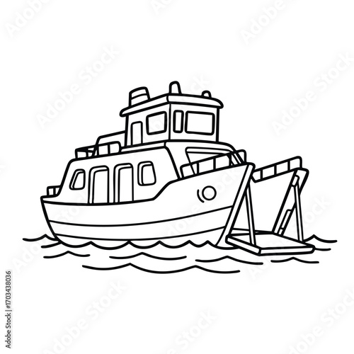 Black and white line drawing of a small ferry boat with a ramp floating on water waves in simple style