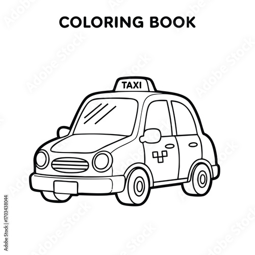 Black and white line drawing of a small taxi car for a children's coloring book with simple details and clear outlines