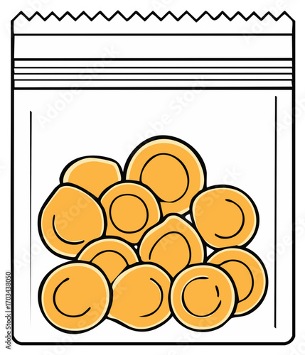 Cartoon illustration of a transparent plastic bag filled with small snacks