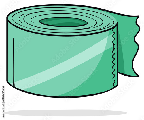Teal green roll of adhesive tape with serrated edge