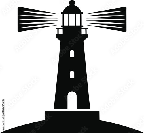 Tall tower emitting light beams lighthouse beacon