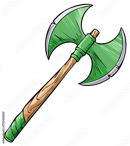 Isolated green cartoon battle axe with double blades and wooden handle, design element for fantasy adventure games and artwork