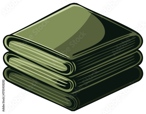 Neatly Folded Green Fabric Stack with Shading Effects: Isometric Perspective Rendered with Vector Graphics, and Cartoon Details