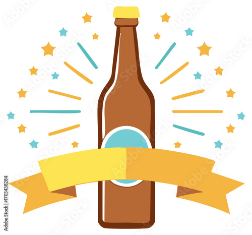 Celebratory Brown Beer Bottle with Yellow Ribbon and Festive Starbursts