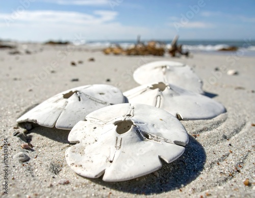 Group of sand dollars resting on a sun kissed beach near the water