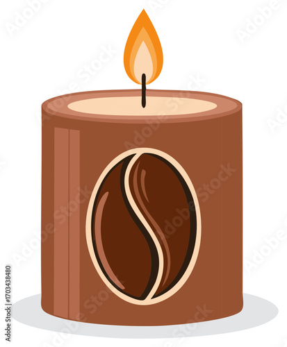 Brown pillar candle with a prominent coffee bean design and a warm burning flame illustration