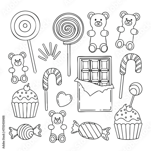 Black and white line art illustration of various candies including lollipops, chocolate, cupcakes, gummy bears, and candy canes arranged randomly