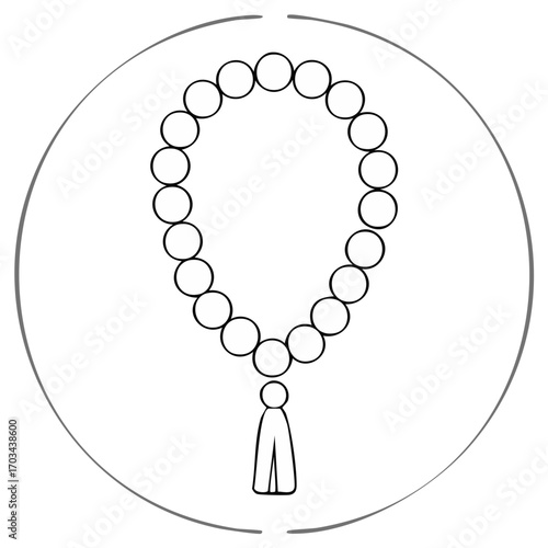 Prayer Beads Line Art Illustration with Round Frame Spiritual Accessory Design