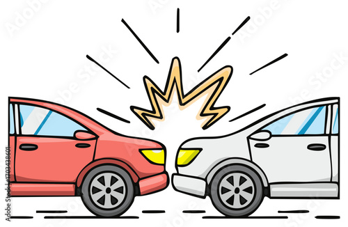 Cartoon illustration of two cars colliding in a head-on accident depicting a vehicle crash scene