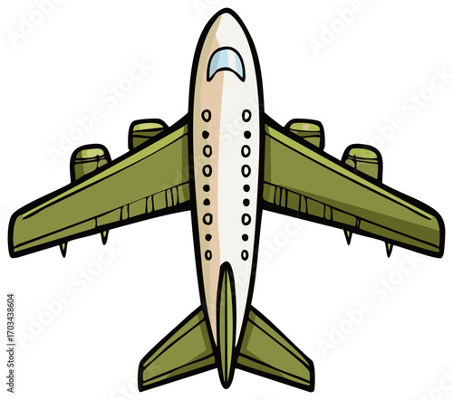Top down view of a stylized passenger airplane with green wings, cartoon vector illustration