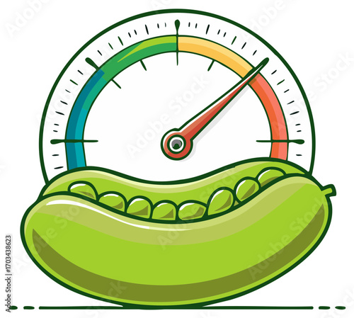 Speedometer gauge measuring nutrition from a pod of peas healthy eating concept
