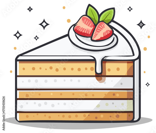 A slice of delicious multilayer cake with vanilla frosting and fresh strawberry topping