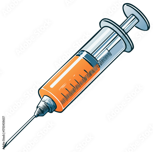 Medical syringe illustration containing orange medicine, health care, and vaccination concepts.